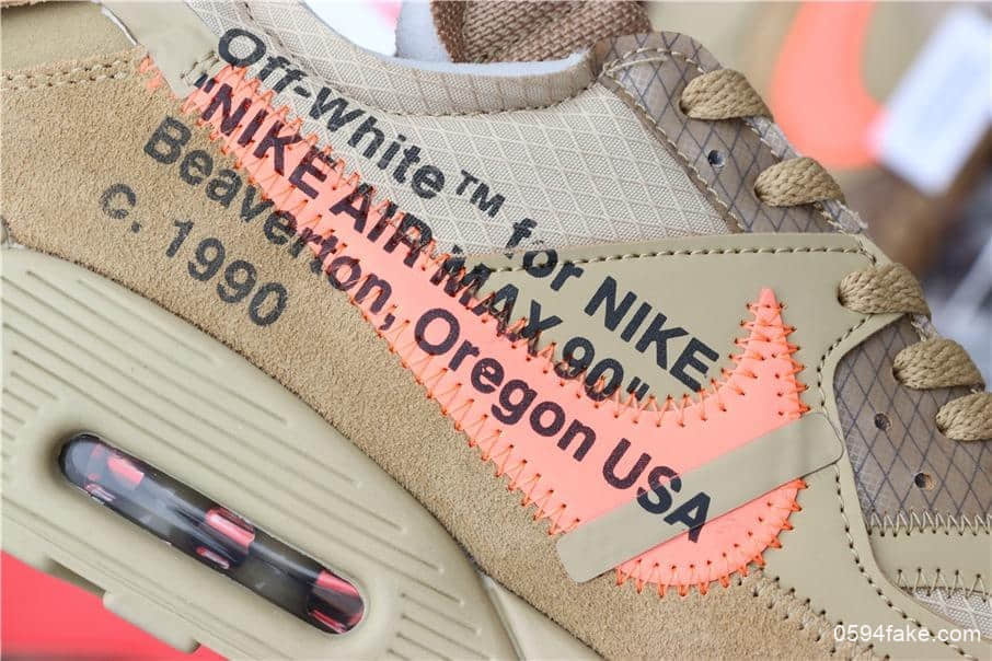 耐克联名款Off-White x Nike Air Max 90 2.0沙漠黄纯原版本正确细节蓝色防伪扣三色鞋带 货号：AA7293-200