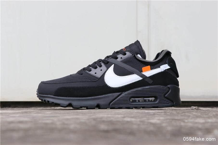 耐克联名款Off-White x Nike Air Max 90 2.0黑白公司级牛巴革鞋身搭配网格面材质 货号:AA7293-001