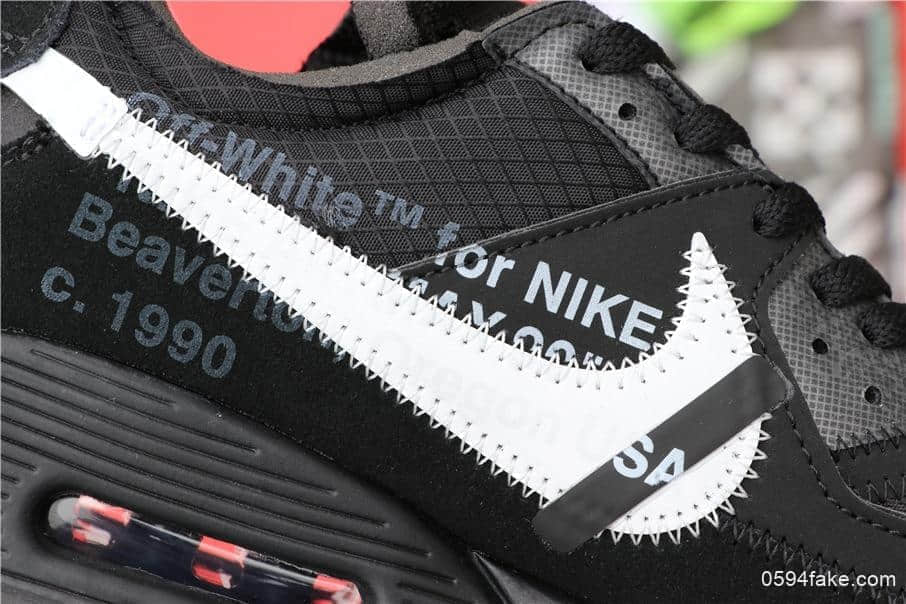 耐克联名款Off-White x Nike Air Max 90 2.0黑白公司级牛巴革鞋身搭配网格面材质 货号:AA7293-001