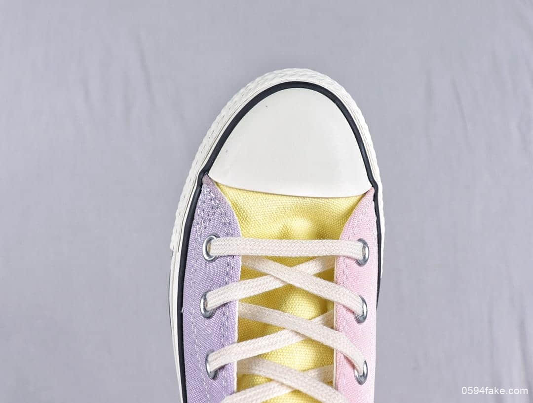 匡威Converse ALL STAR英国限定款彩色紫粉黄拼接正确硅蓝中底双鞋带时尚高帮休闲帆布鞋 货号：C0411A0V2-J11