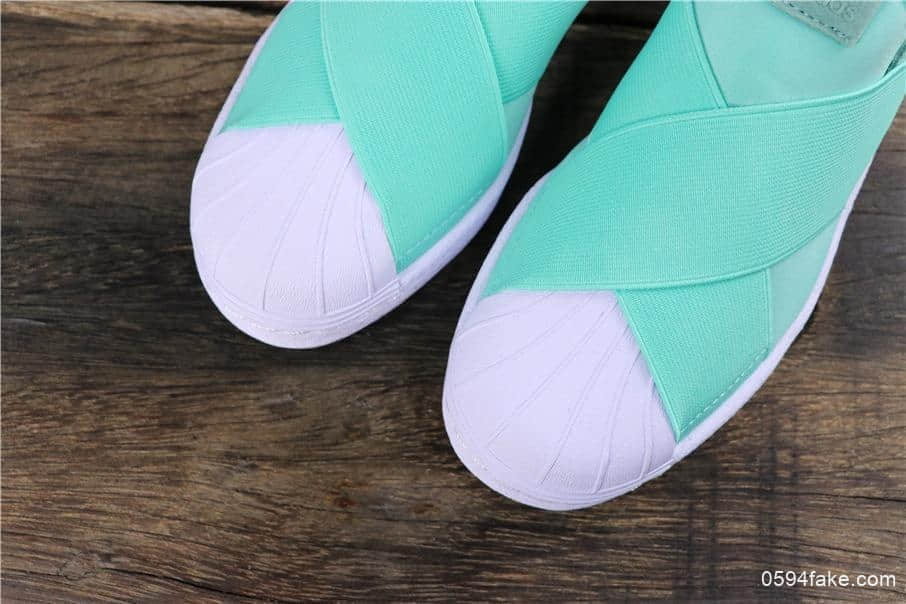 阿迪达斯Adidas SUPERSTAR SLIP ON W S贝壳头公司级交叉绑带薄荷绿白山联名款 货号:S76407