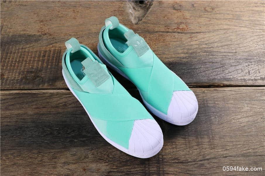 阿迪达斯Adidas SUPERSTAR SLIP ON W S贝壳头公司级交叉绑带薄荷绿白山联名款 货号:S76407