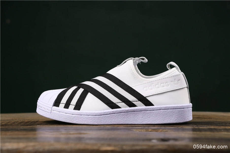 阿迪达斯Adidas SUPERSTAR SLIP ON W S贝壳头公司级交叉绑带白黑条纹时尚情侣休闲板鞋 货号:AC8581