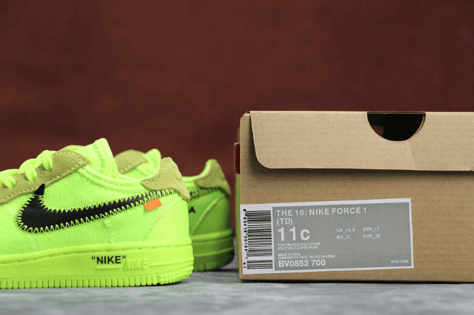 Nike Air Force 1 TD荧光绿 耐克真标品质空军一号OW联名童鞋独立磨具原鞋开膜 货号：BV0853-700