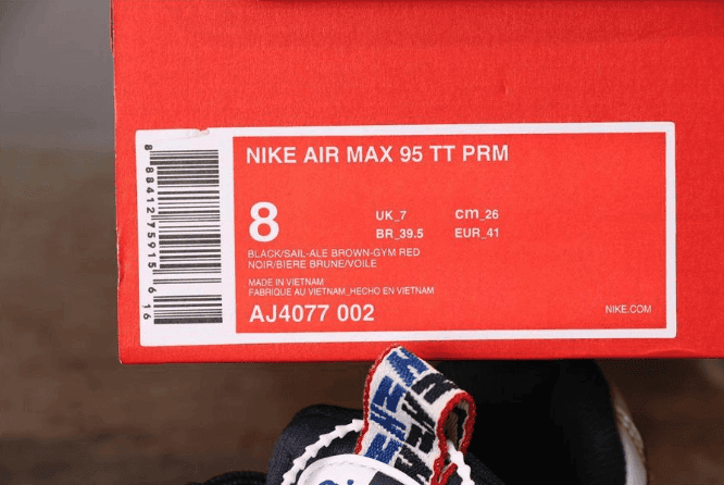 Nike Air Max 95 TT PRM黑白红棕 耐克子弹系列95串标公司级慢跑鞋 货号：AJ4077-002
