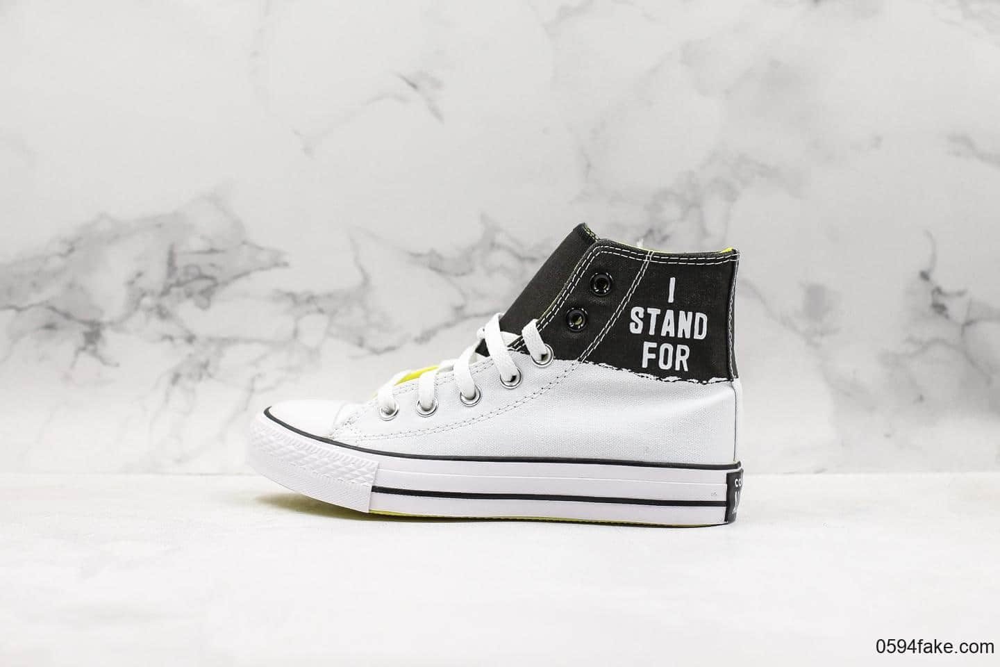 匡威Converse Chuck Taylor All Star I Stand For High White Black Fresh Yellow真标硫化版本明星黑白拼接帆布鞋 货号:165710C
