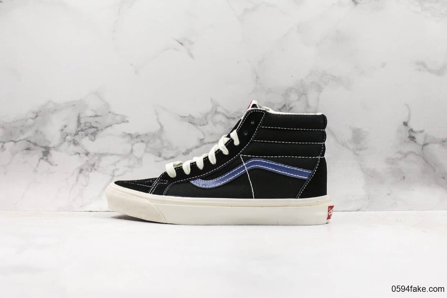 万斯Vans Vault OG SK8-Hi LX安纳海姆高帮板鞋黑蓝条公司级带半码 正确翘头鸟嘴贴合弧度硫化1:1 货号:VN0A45JLVQP