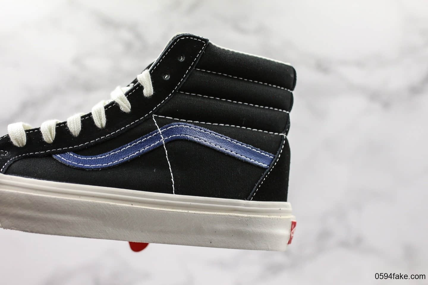 万斯Vans Vault OG SK8-Hi LX安纳海姆高帮板鞋黑蓝条公司级带半码 正确翘头鸟嘴贴合弧度硫化1:1 货号:VN0A45JLVQP