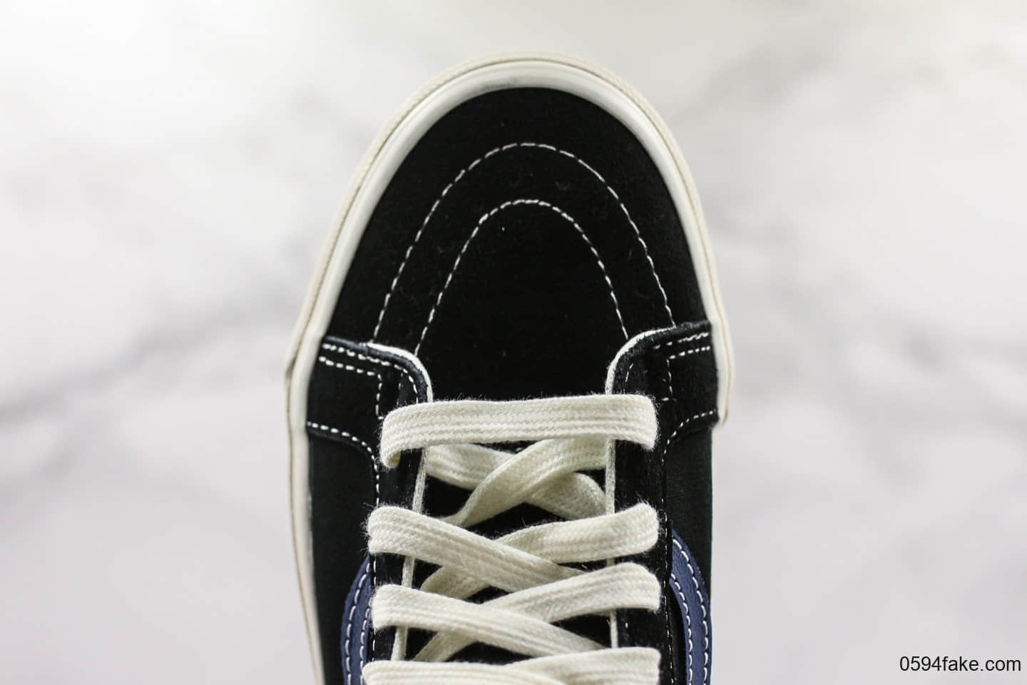 万斯Vans Vault OG SK8-Hi LX安纳海姆高帮板鞋黑蓝条公司级带半码 正确翘头鸟嘴贴合弧度硫化1:1 货号:VN0A45JLVQP