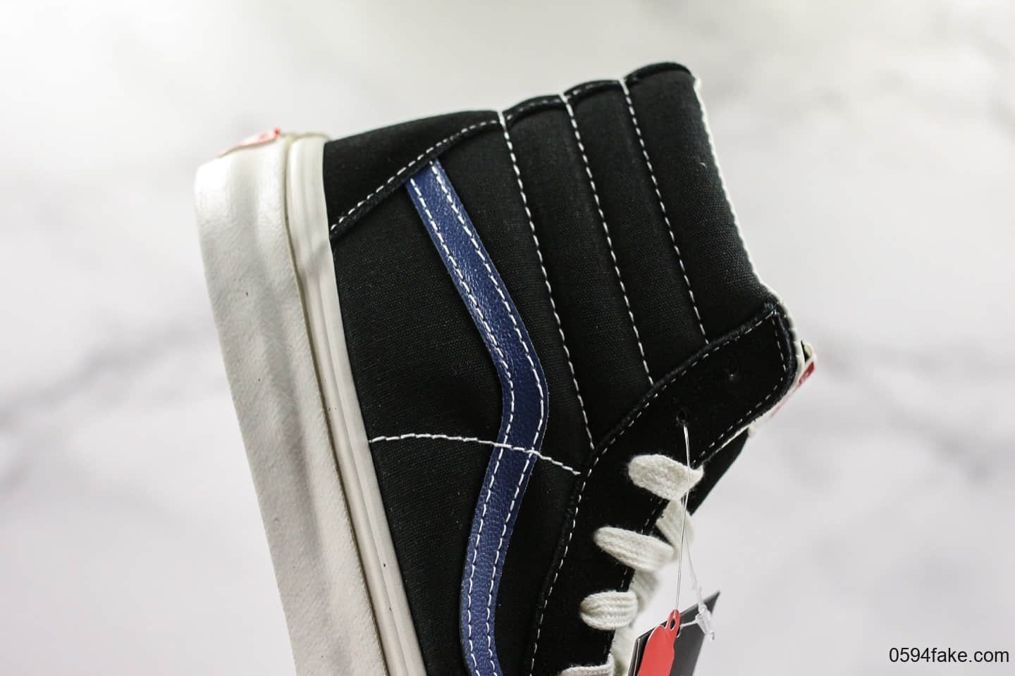 万斯Vans Vault OG SK8-Hi LX安纳海姆高帮板鞋黑蓝条公司级带半码 正确翘头鸟嘴贴合弧度硫化1:1 货号:VN0A45JLVQP