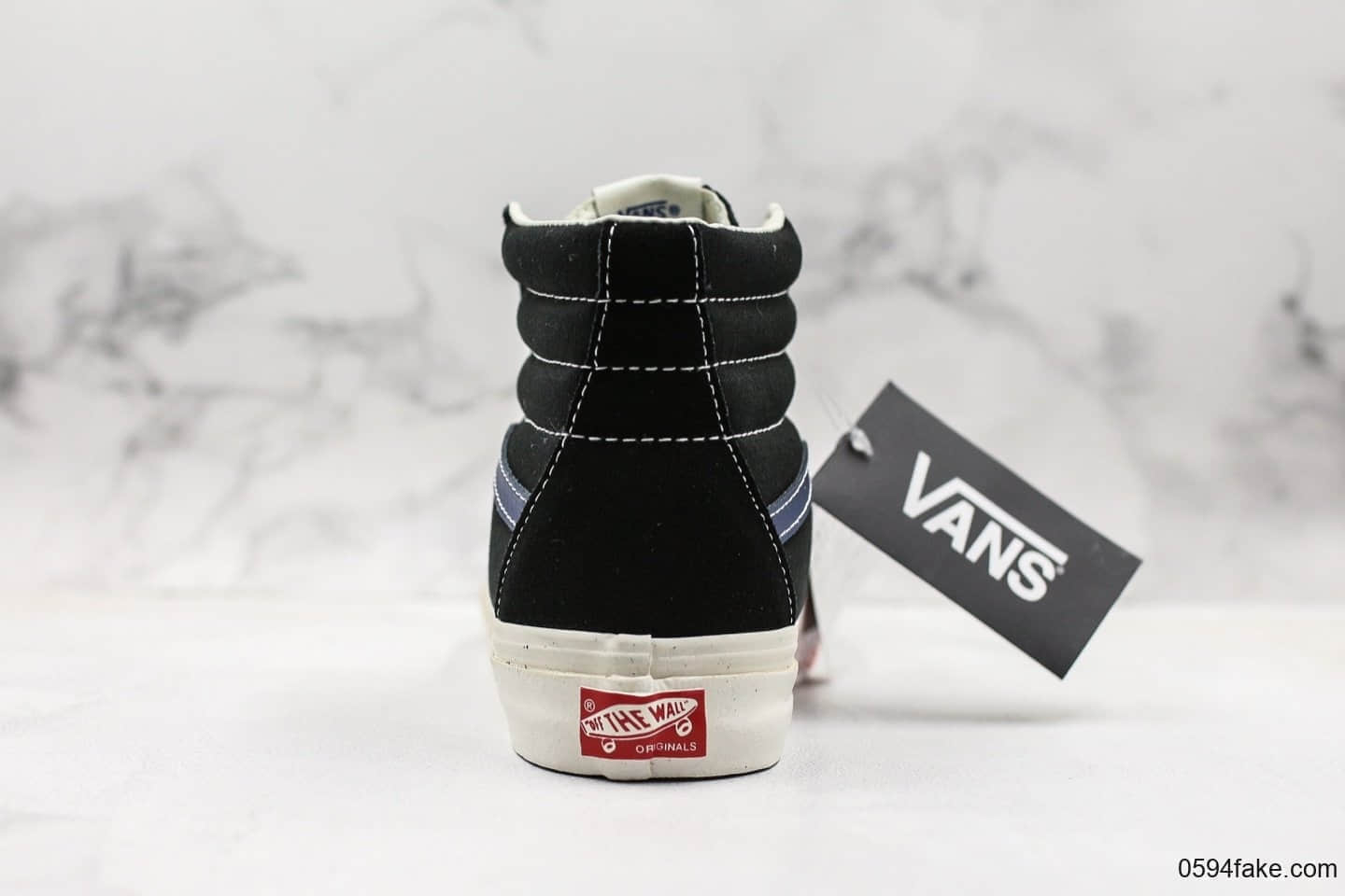 万斯Vans Vault OG SK8-Hi LX安纳海姆高帮板鞋黑蓝条公司级带半码 正确翘头鸟嘴贴合弧度硫化1:1 货号:VN0A45JLVQP