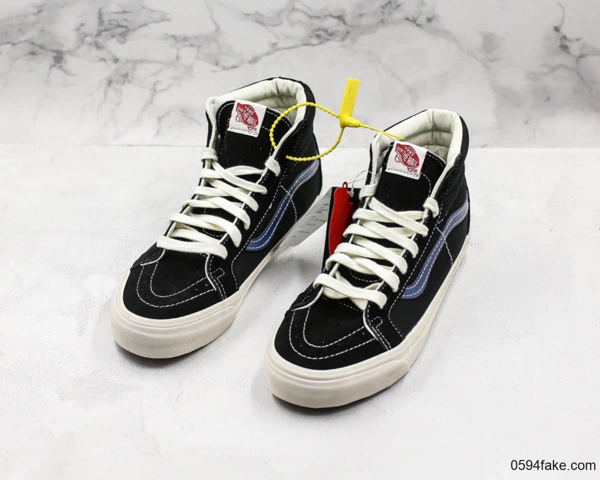 万斯Vans Vault OG SK8-Hi LX安纳海姆高帮板鞋黑蓝条公司级带半码 正确翘头鸟嘴贴合弧度硫化1:1 货号:VN0A45JLVQP