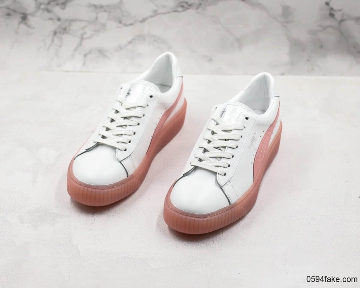 彪马Puma Basket Platform Velour Suede蕾哈娜二代厚底松糕鞋果冻休闲板鞋白粉色纯原优质头层牛皮革 货号:372934