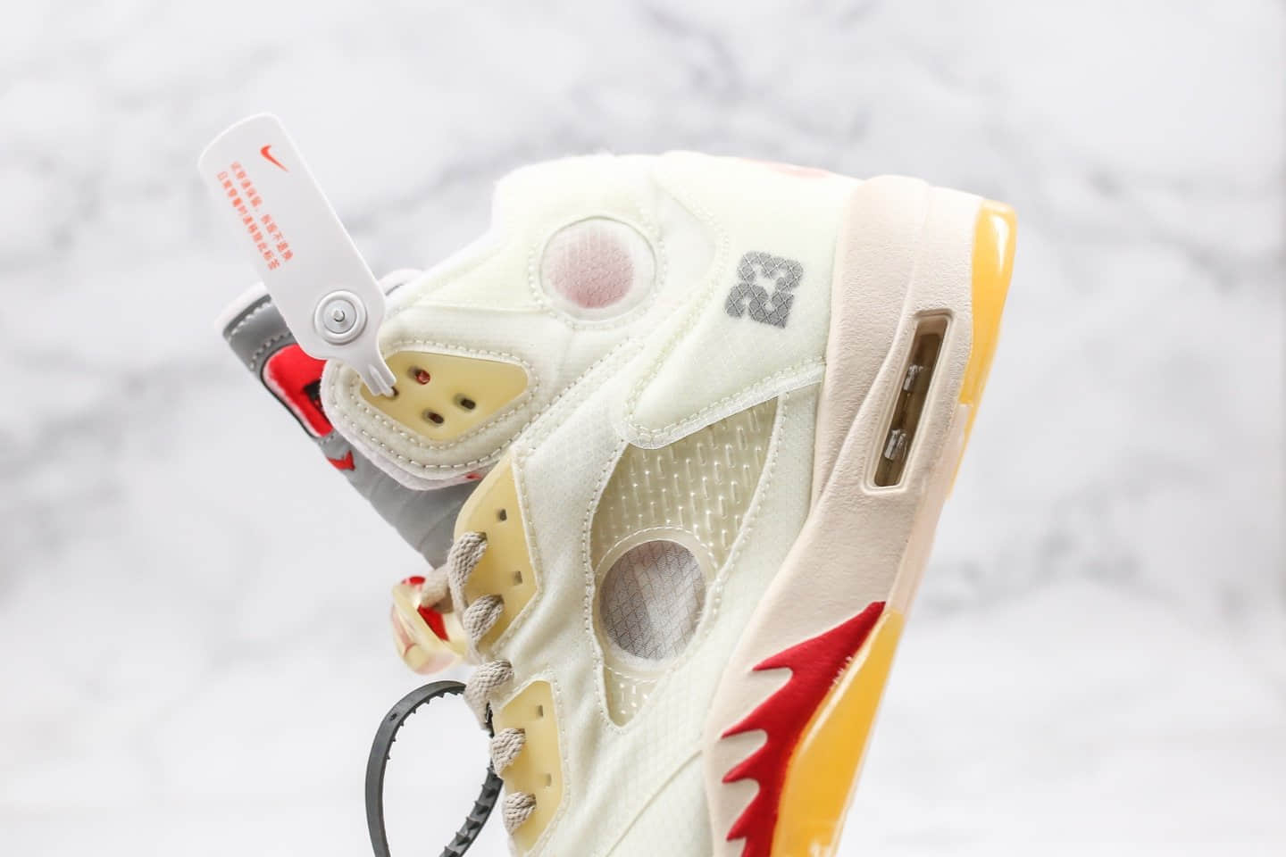 乔丹OFF-WHITE x Air Jordan 5 Cream纯原版本OW联名款AJ5奶油冰淇淋配色原盒配件3M鞋舌反光正确后跟定型 货号:CT8480-100