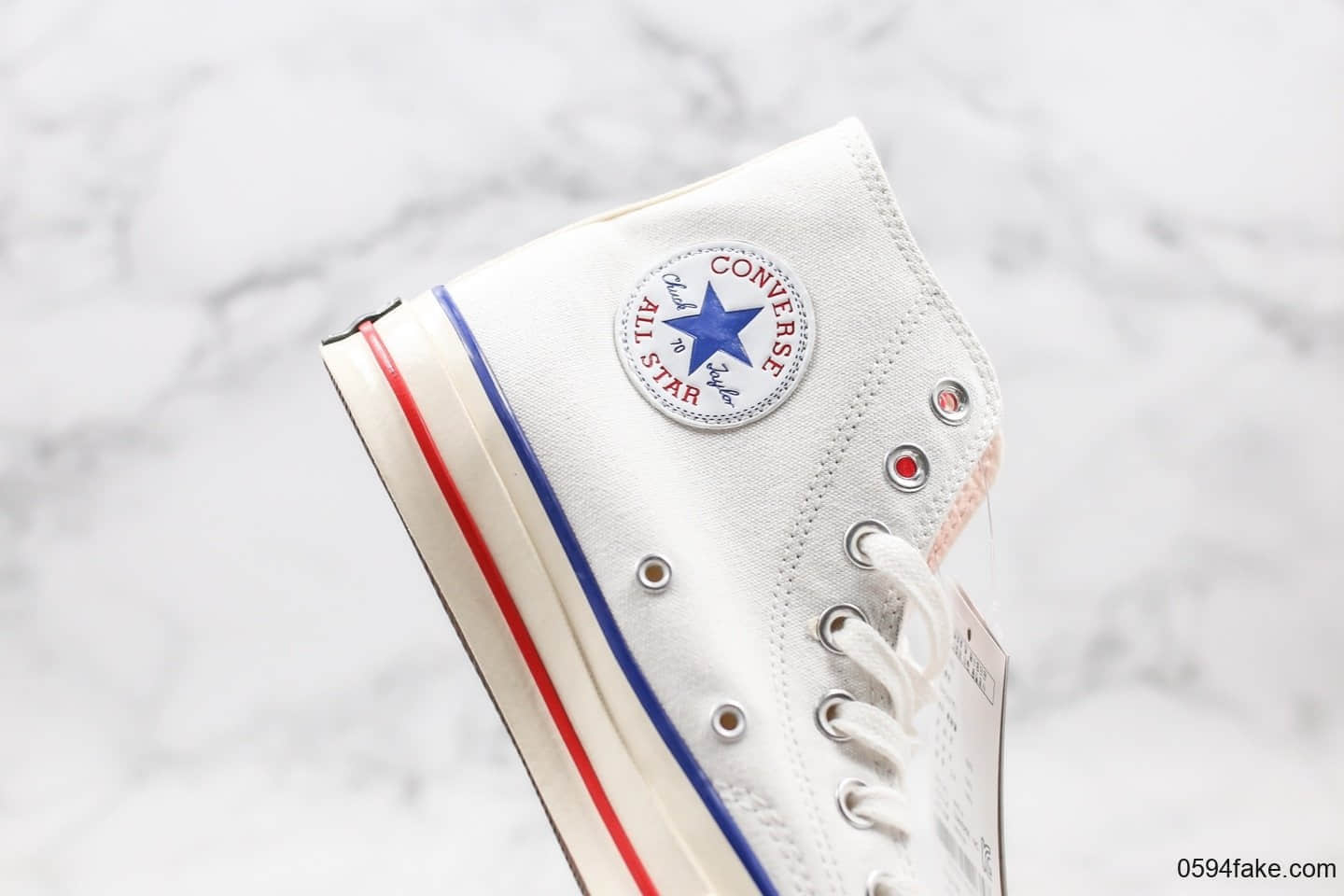 匡威Converse All Star公司级版本高帮帆布鞋撞色红蓝围条顶级硫化工艺蓝底 货号:166729C
