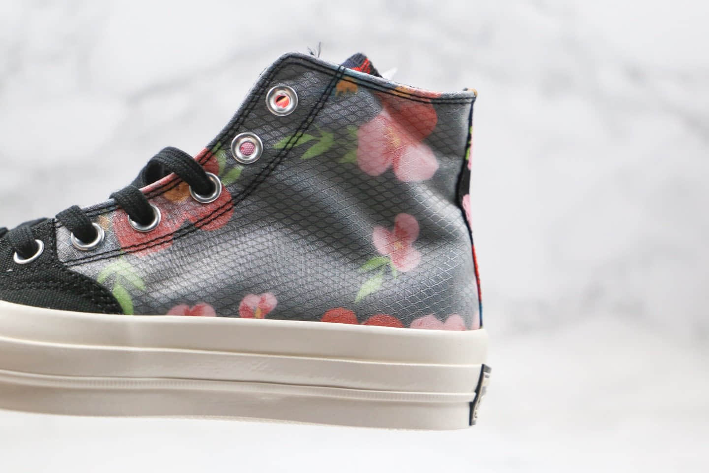 匡威Converse All star FUK公司级版本高帮水晶花卉黑彩色网纱帆布鞋原厂硫化大底正确鞋面材质 货号:168260C