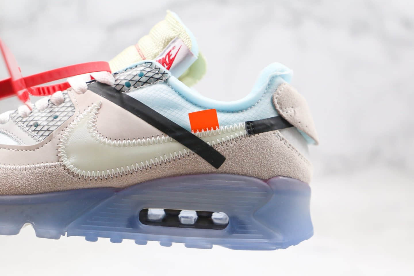 耐克Off -White x Nike Air Max 90 OW纯原版本联名款限量经典Max90气垫鞋白蓝色内置真实气垫原盒原标 货号:AA7293-100