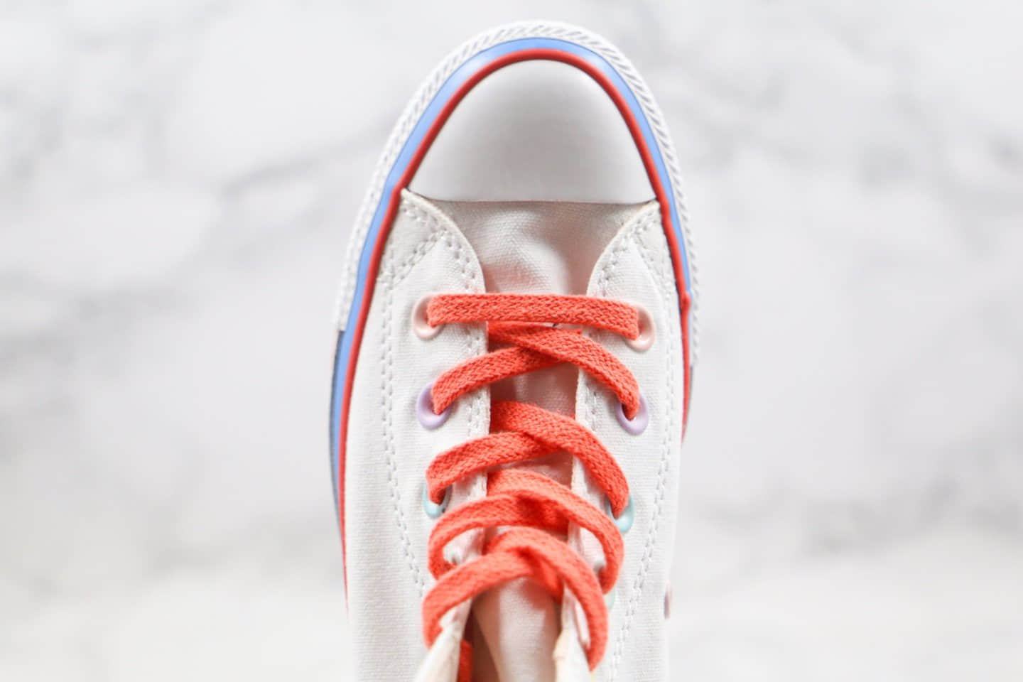 匡威Converse x Mille Bobby Brown公司级版本联名款高帮爱心情人节彩虹奶糖白橙蓝色双围条硫化蓝底 货号:567299C