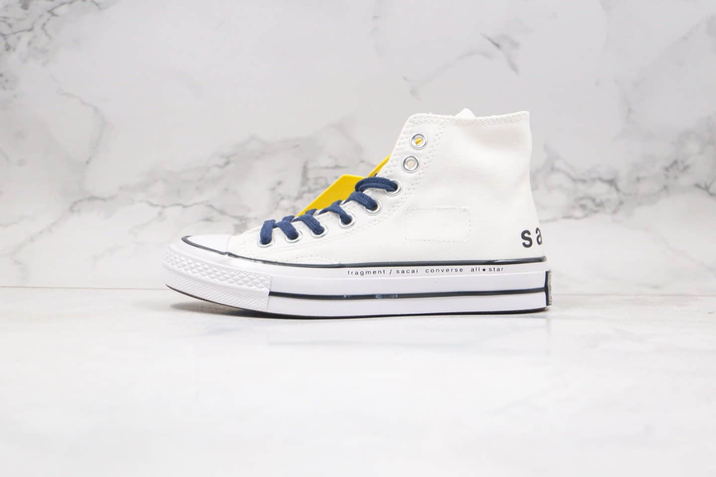 匡威Converse x Fragment Design x Sacai公司级版本三方联名款高帮白蓝色补丁铭牌缝线帆布鞋原厂硫化大底 货号:160329C