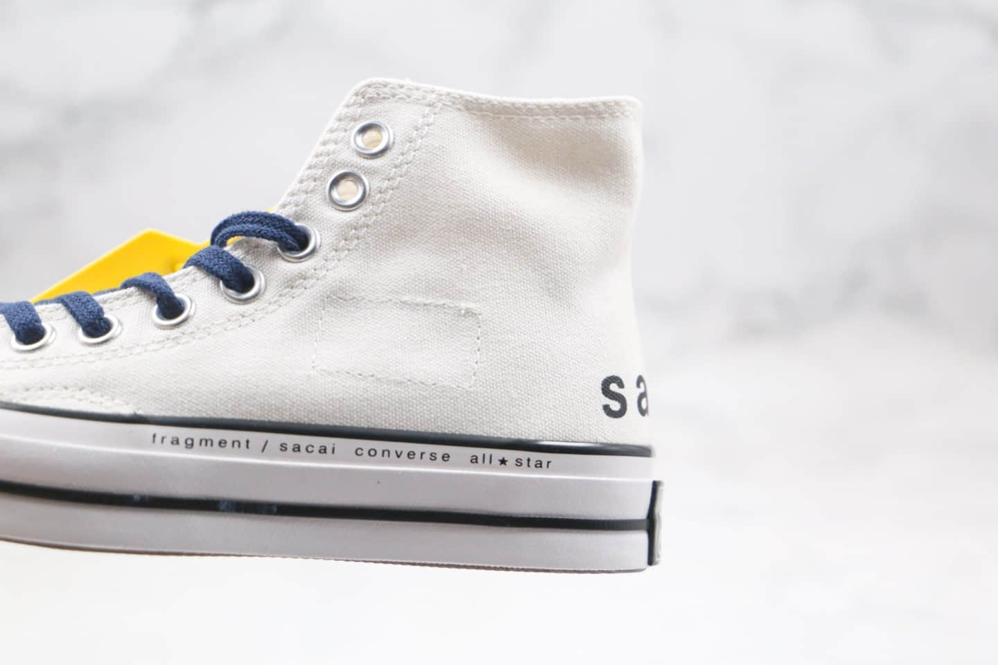匡威Converse x Fragment Design x Sacai公司级版本三方联名款高帮白蓝色补丁铭牌缝线帆布鞋原厂硫化大底 货号:160329C