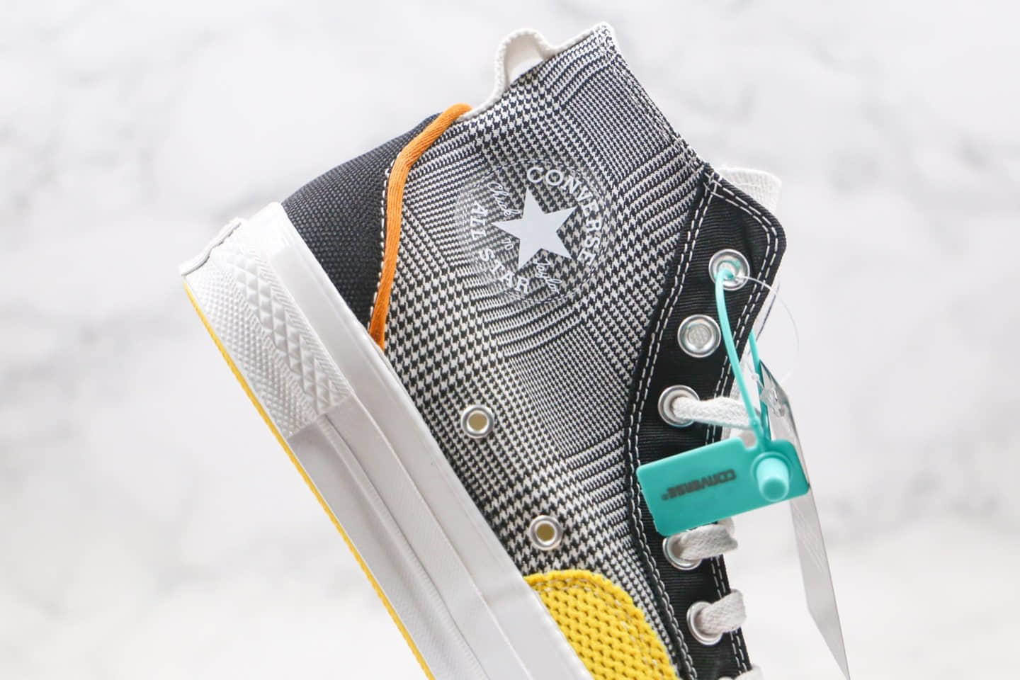 匡威CONVERSE Mix & Match Chuck70公司级版本张艺兴同款编织补丁格子条纹拼色高帮帆布鞋原厂硫化大底正确硅蓝PU软中底 货号:168696C