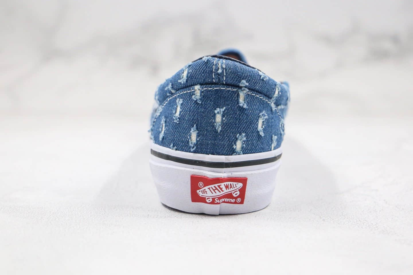 万斯Vans Supreme SUP公司级版本破坏丹宁牛仔联名款低帮一脚蹬蓝色帆布鞋原厂特殊鞋盒