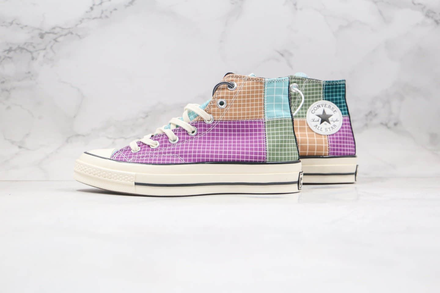 匡威CONVERSE Chuck 70s公司级版本高帮格子解构彩虹色拼接硫化帆布鞋原厂硫化大底 货号:166317C