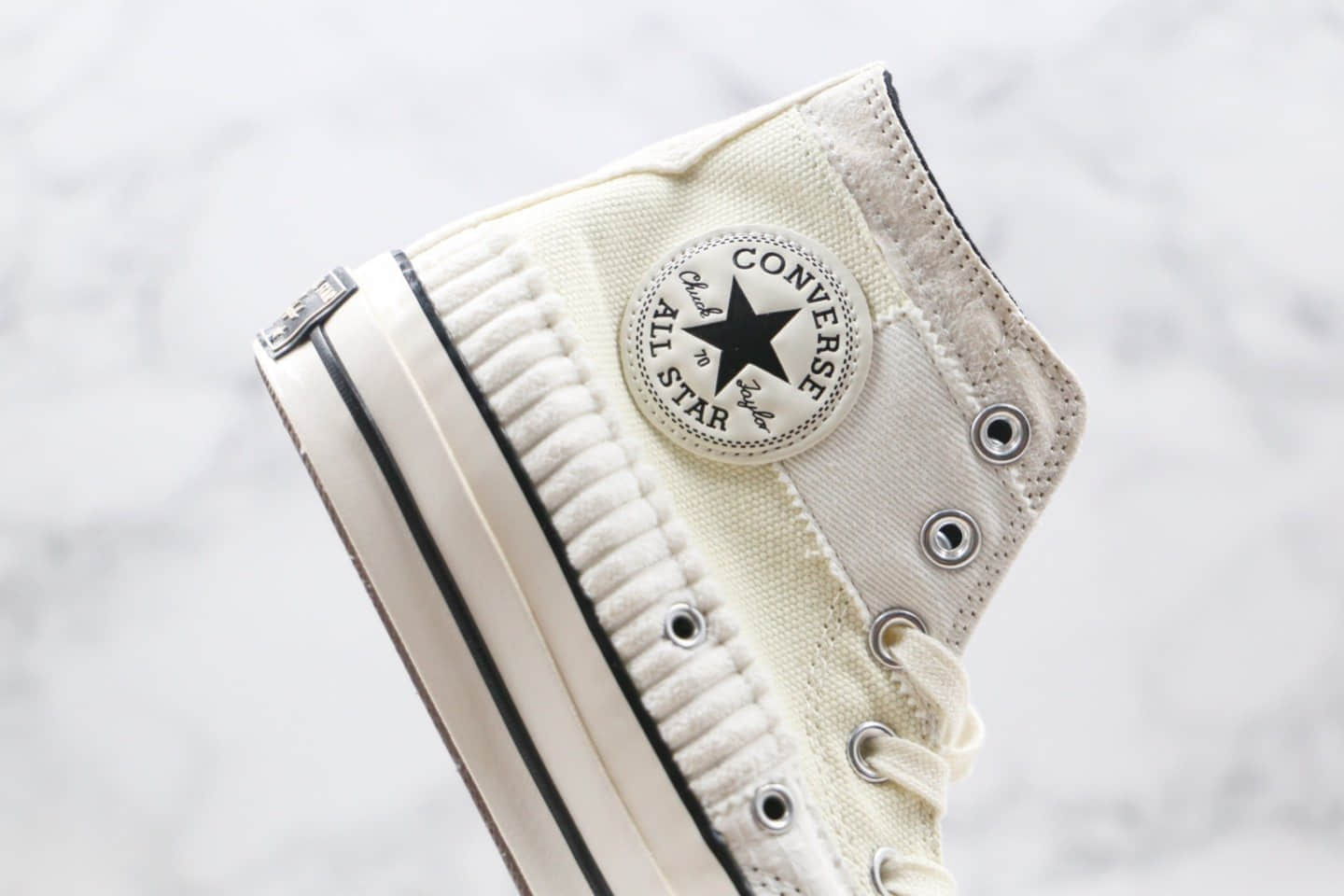 匡威Converse Chunk 1970s公司级版本高帮奶白色布绒拼接硫化帆布鞋正确双围条硫化蓝底 货号:167139C