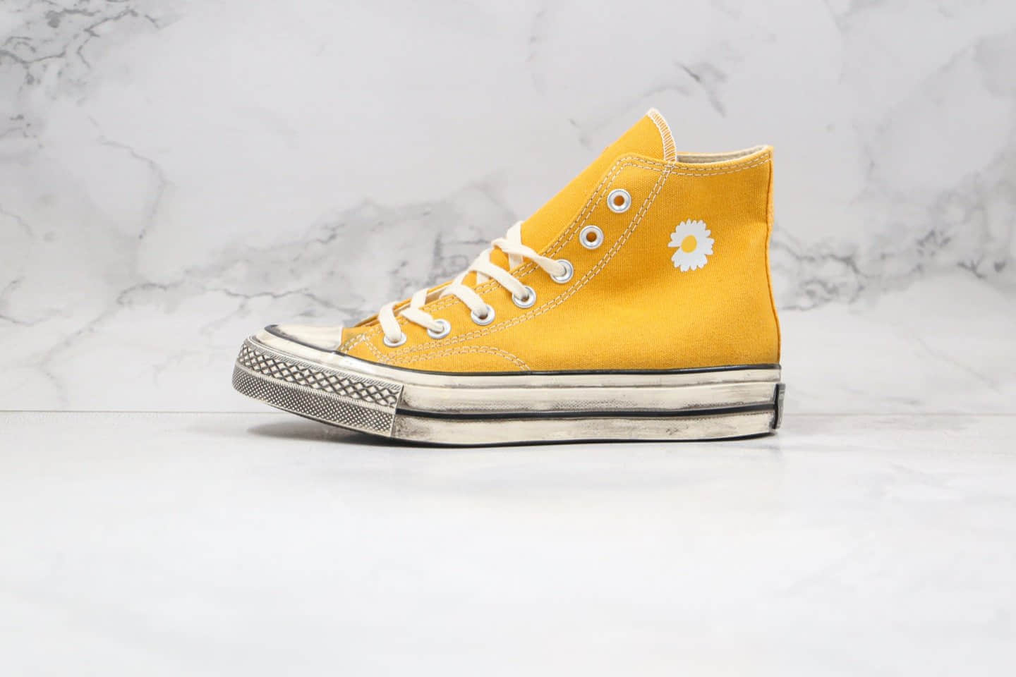 匡威CONVERSE x PEACEMINUSONE公司级版本权志龙联名款小雏菊高帮黄色做旧帆布鞋原档案数据开发 货号:162054C