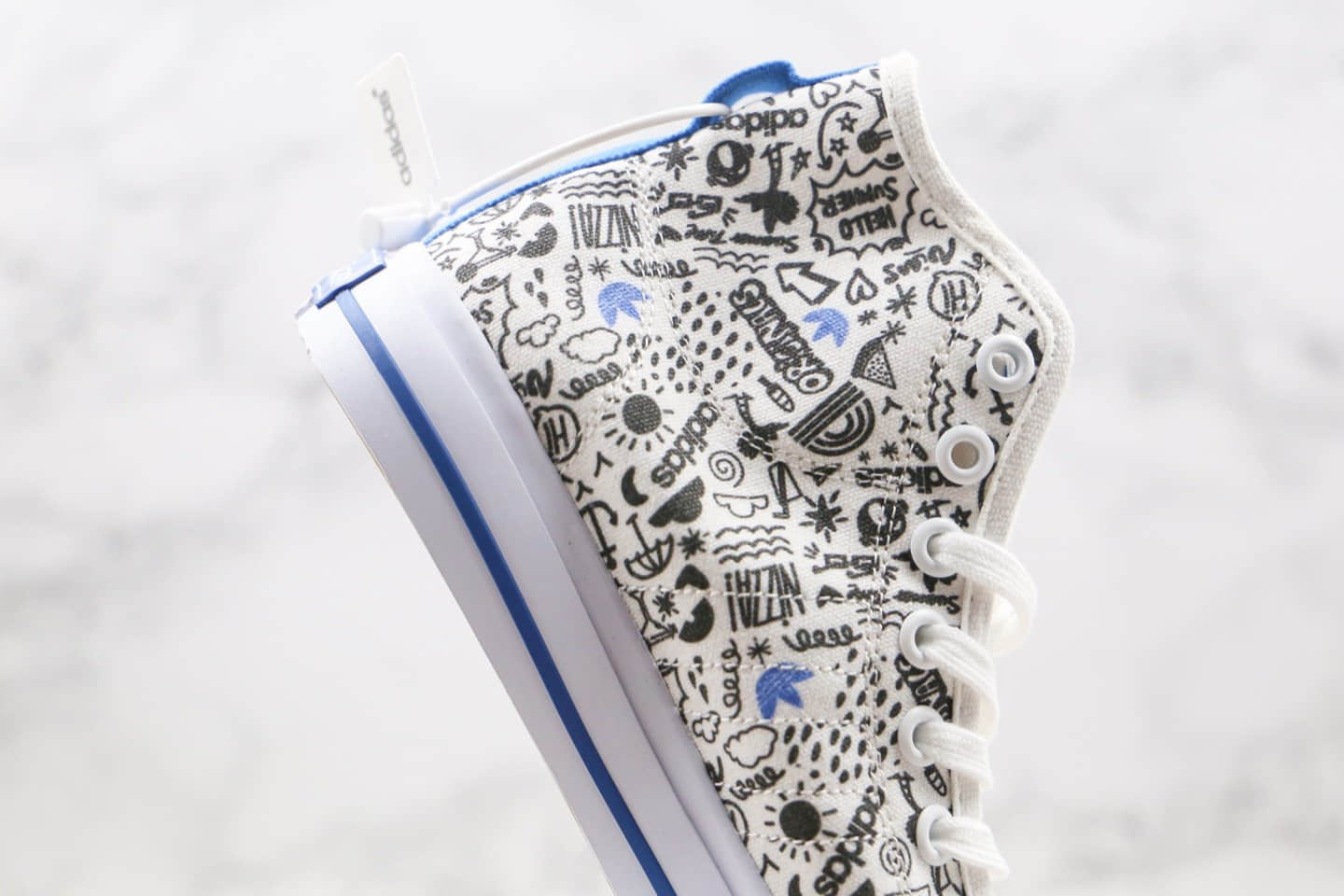 阿迪达斯Adidas Nizza HI RF纯原版本高帮白蓝色涂鸦不对称设计NIZZA帆布鞋原档案数据开发 货号:FY3092