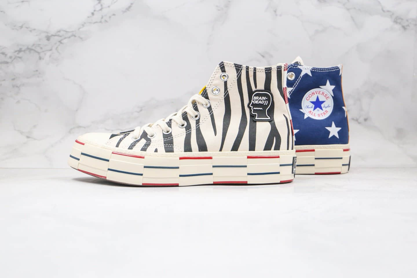 匡威Converse x BrainDead 2.0公司级版本高帮脑死亡解构豹纹迷彩蓝色星星帆布正确双围条硫化蓝底 货号:163166C