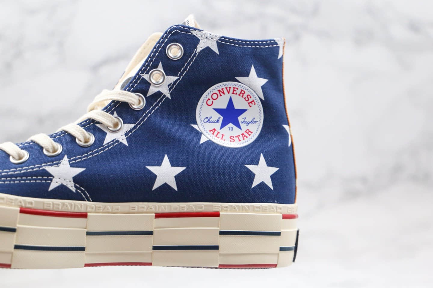 匡威Converse x BrainDead 2.0公司级版本高帮脑死亡解构豹纹迷彩蓝色星星帆布正确双围条硫化蓝底 货号:163166C