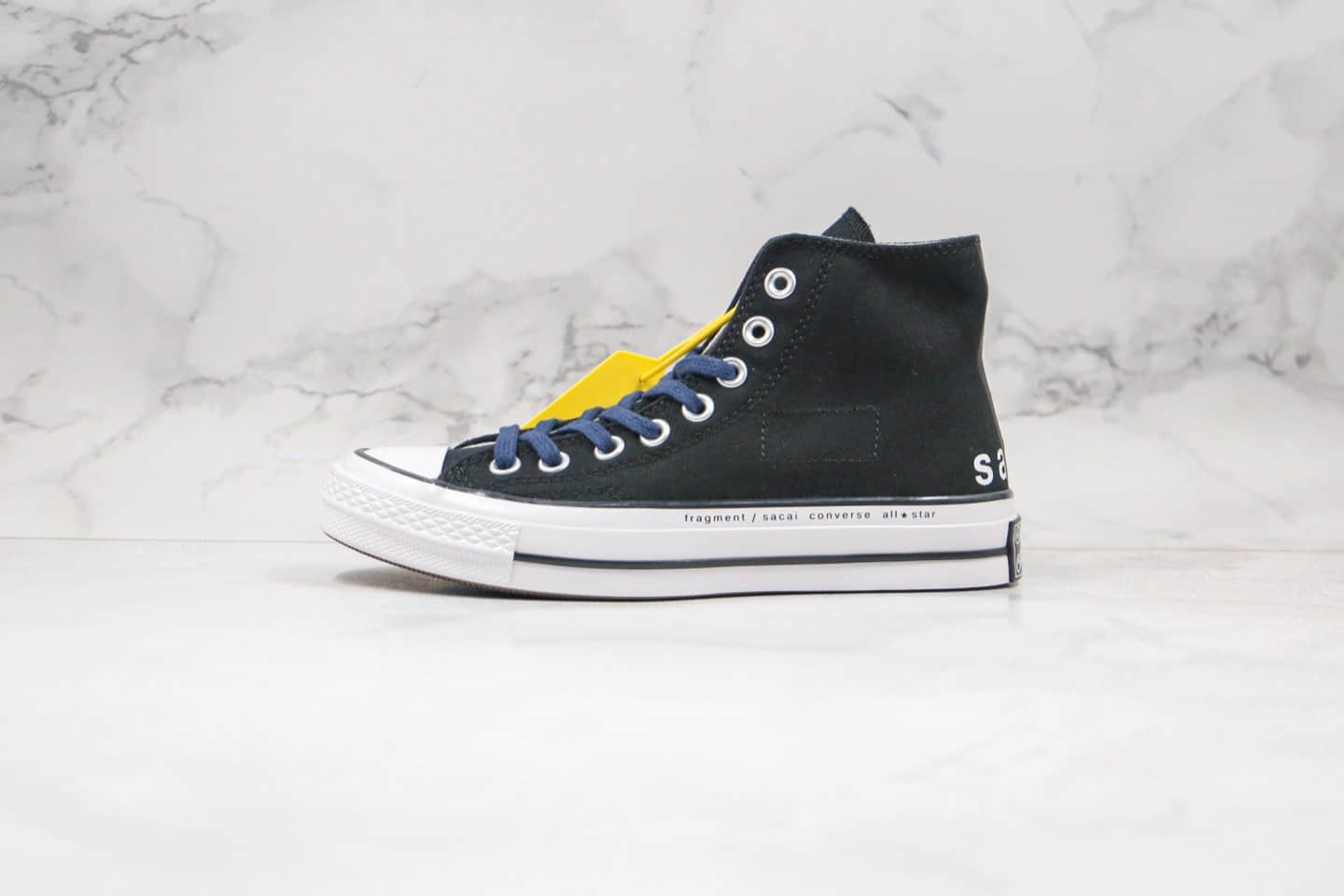 匡威Converse x Sacai x Fragment Design公司级版本三方联名款高帮藤原浩闪电黑蓝色补丁铭牌缝线帆布鞋原盒原标 货号:160328C
