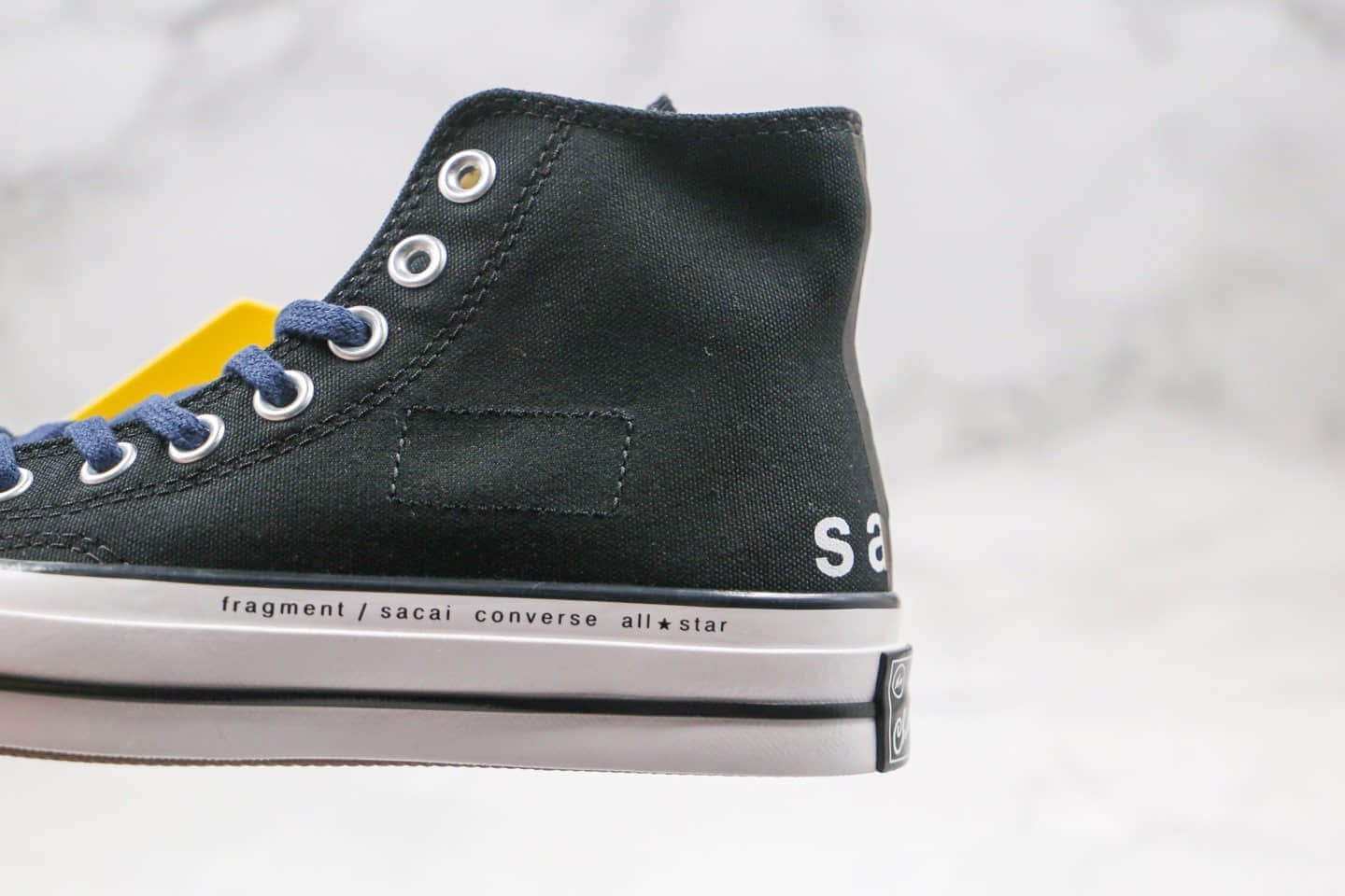 匡威Converse x Sacai x Fragment Design公司级版本三方联名款高帮藤原浩闪电黑蓝色补丁铭牌缝线帆布鞋原盒原标 货号:160328C