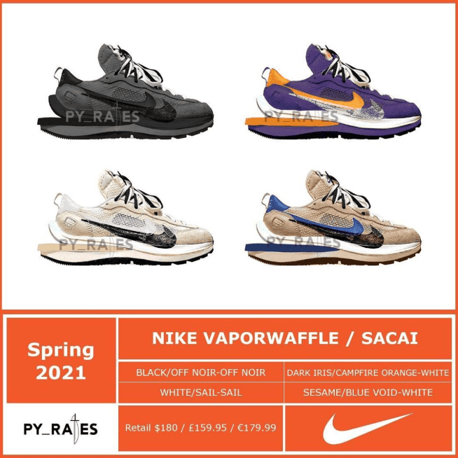 四双 sacai x Nike VaporWaffle新配色曝光!还有经典湖人装扮!
