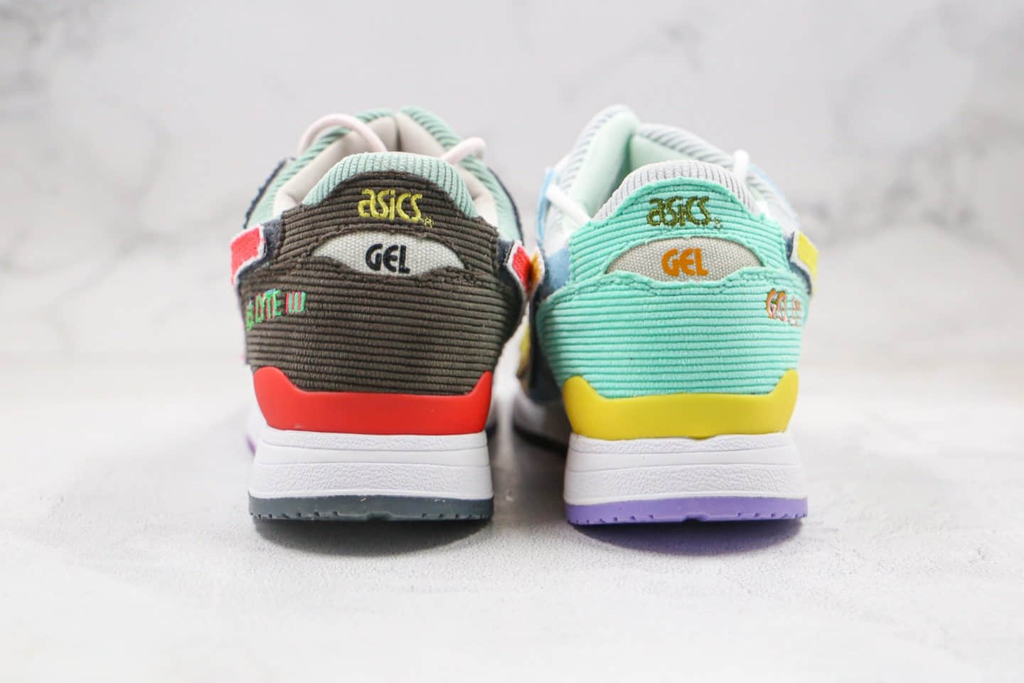 亚瑟士Asics Gel Lyte III x Sean Wotherspoon x atmos纯原版本三方联名款灯芯绒彩虹鸳鸯配色原盒原标 货号:1203A019-000