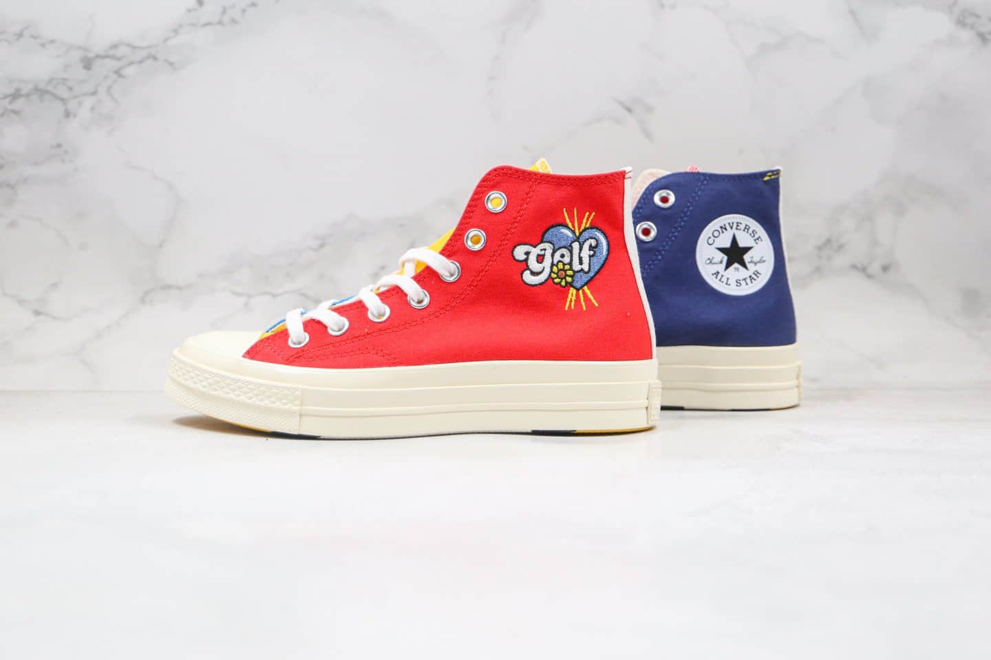 匡威Converse Chuck 70 x GOLF le FLEUR公司级版本高帮小花Golf黑红黄蓝拼接彩虹色帆布鞋原厂硫化大底 货号:169910C