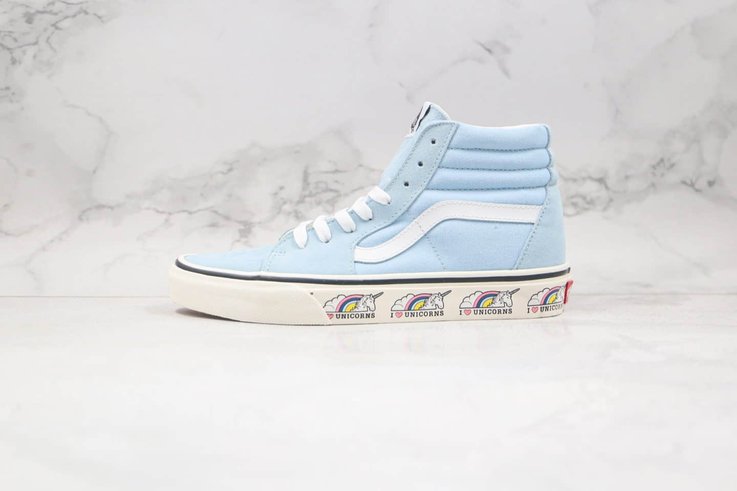 万斯Vans Sk8-Hi Unicorn公司级版本中帮浅蓝色独角兽硫化板鞋原盒原标原档案数据开发