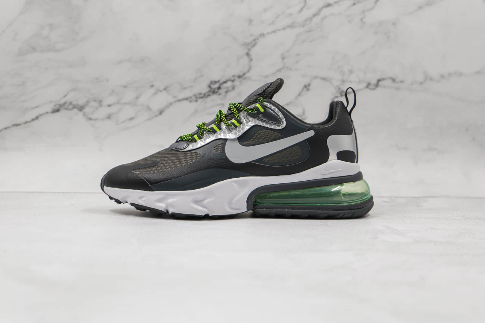 耐克Nike Air Max 270 React纯原版本半掌气垫Max270赛车系列黑绿银色内置真小潘气垫 货号:CT1647-001