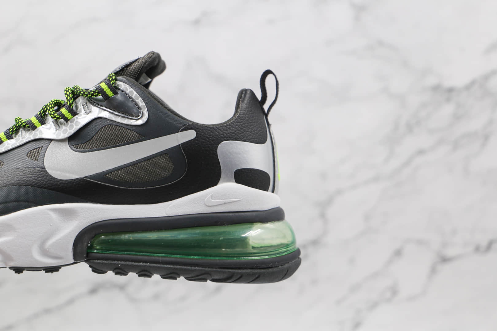 耐克Nike Air Max 270 React纯原版本半掌气垫Max270赛车系列黑绿银色内置真小潘气垫 货号:CT1647-001