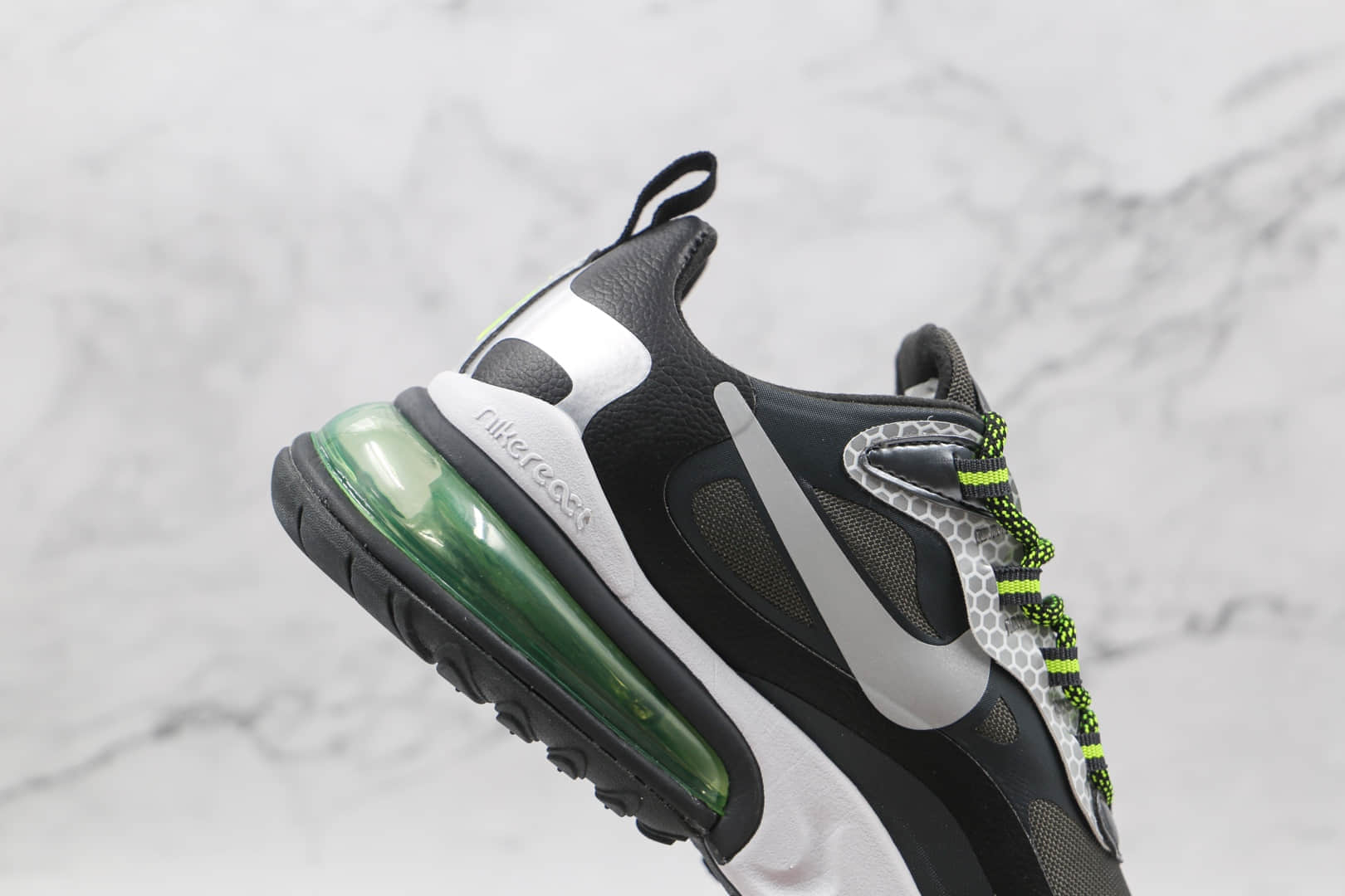 耐克Nike Air Max 270 React纯原版本半掌气垫Max270赛车系列黑绿银色内置真小潘气垫 货号:CT1647-001