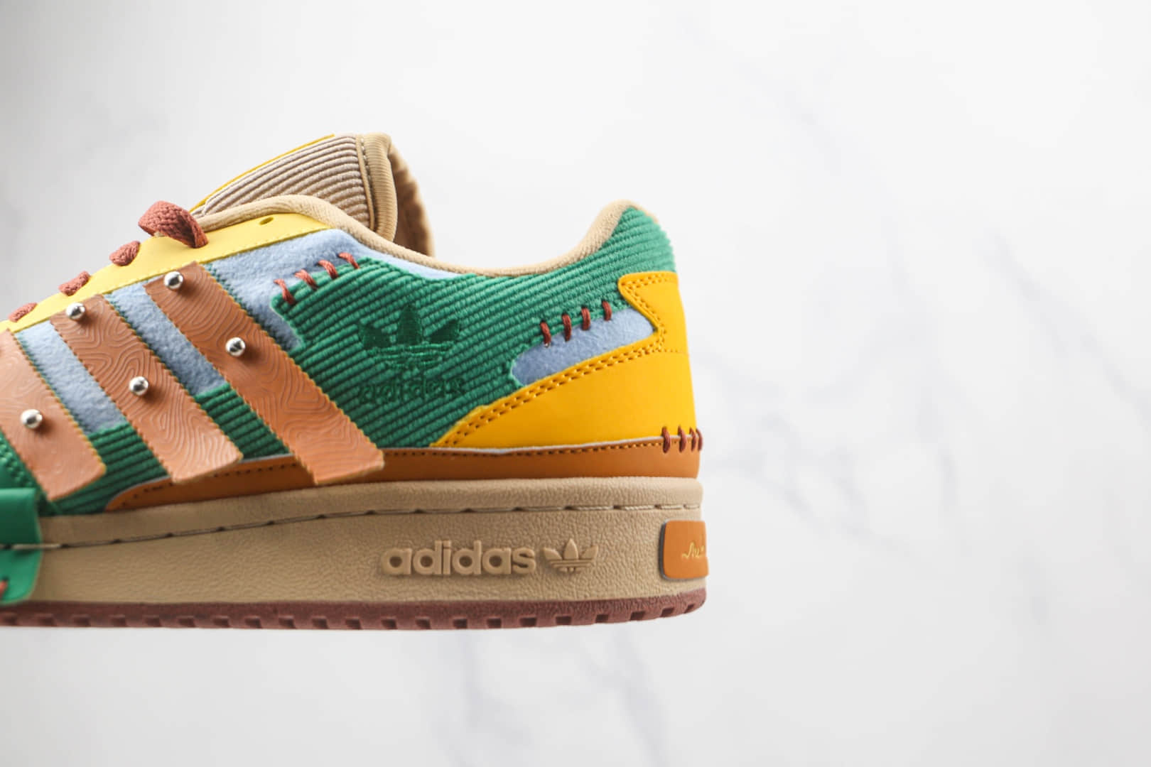 GW8725 阿迪达斯Adidas Originals Forum 84 Low Karoro x Melting Sadness联名款纯原版本低帮Forum84木偶棕绿灯芯绒蓝拼接板鞋原盒原标 货号:GW8725