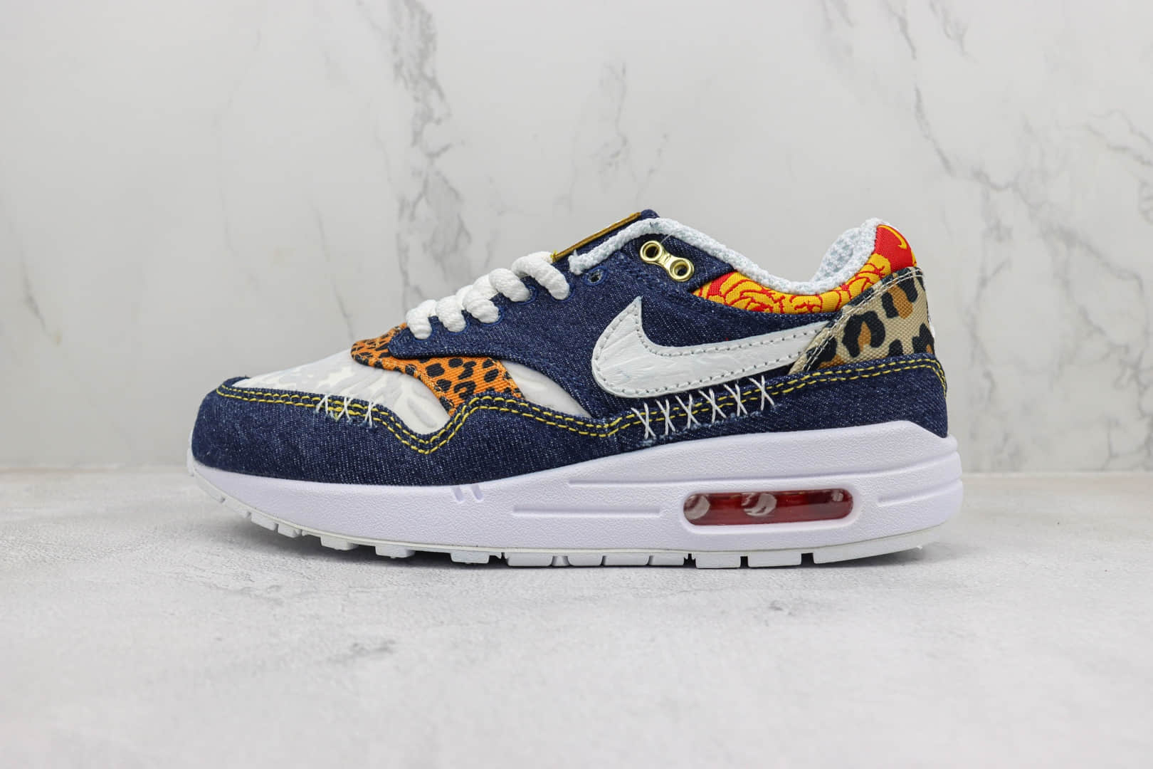 耐克Nike Air Max 1纯原版本Max1牛仔布豹纹印花气垫跑鞋 莆田耐克工厂 货号:FJ4452-432
