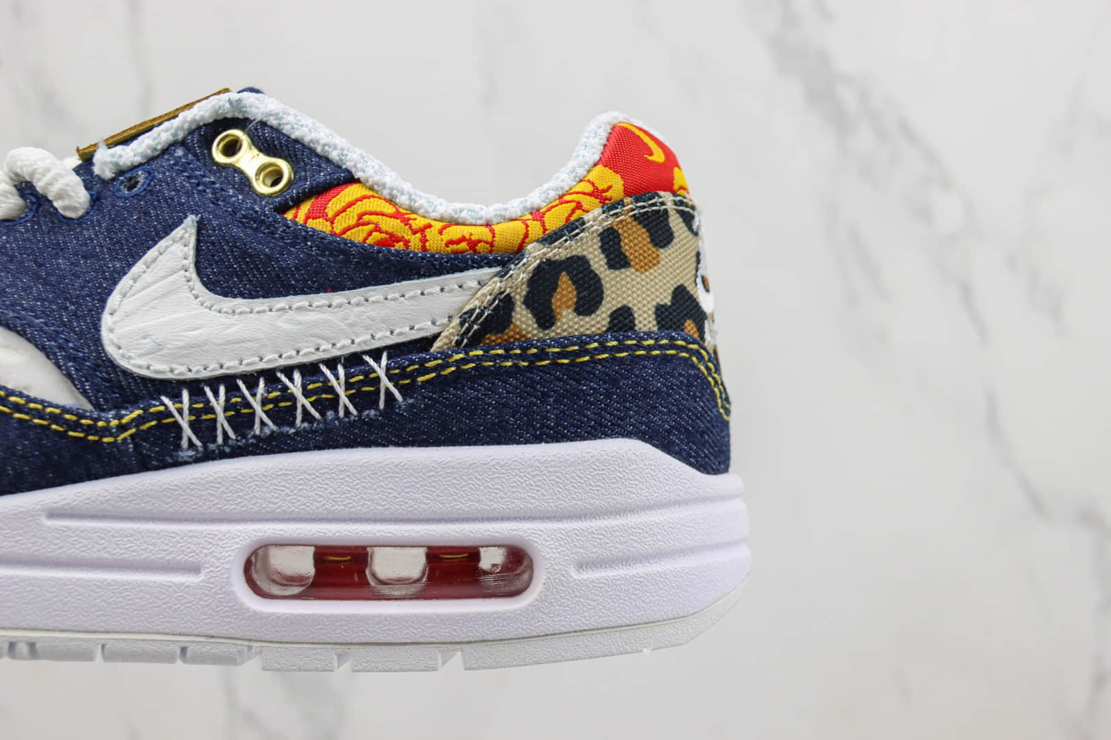耐克Nike Air Max 1纯原版本Max1牛仔布豹纹印花气垫跑鞋 莆田耐克工厂 货号:FJ4452-432