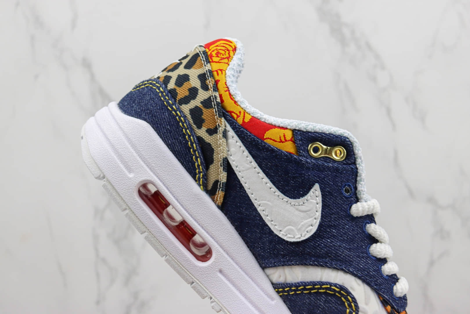 耐克Nike Air Max 1纯原版本Max1牛仔布豹纹印花气垫跑鞋 莆田耐克工厂 货号:FJ4452-432