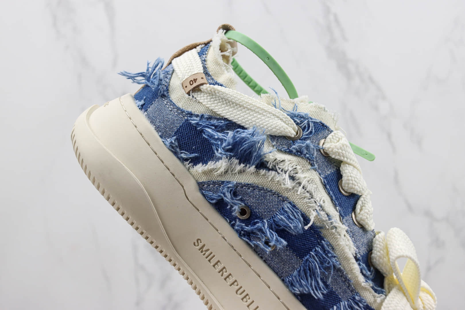 SMILEREPUBLIC公司级版本牛仔蓝格子开口笑厚底低帮帆布鞋 莆田复刻鞋货源